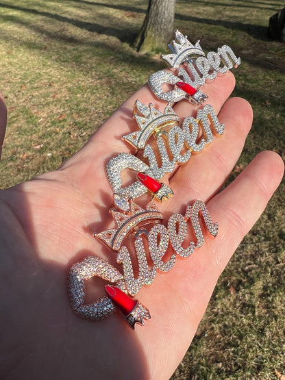 HarlemBling MOISSANITE 925 Silver/Gold/Rose Iced Queen W. Crown & Lipstick Pendant Necklace