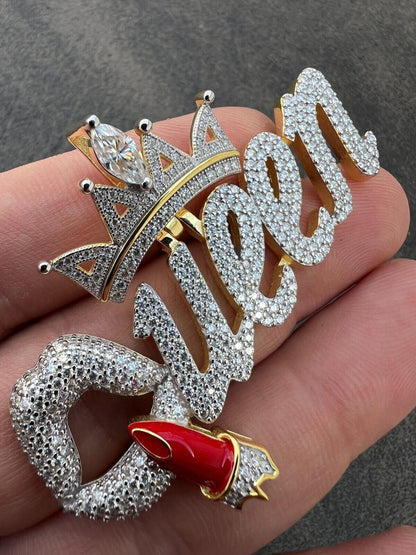 HarlemBling MOISSANITE 925 Silver/Gold/Rose Iced Queen W. Crown & Lipstick Pendant Necklace