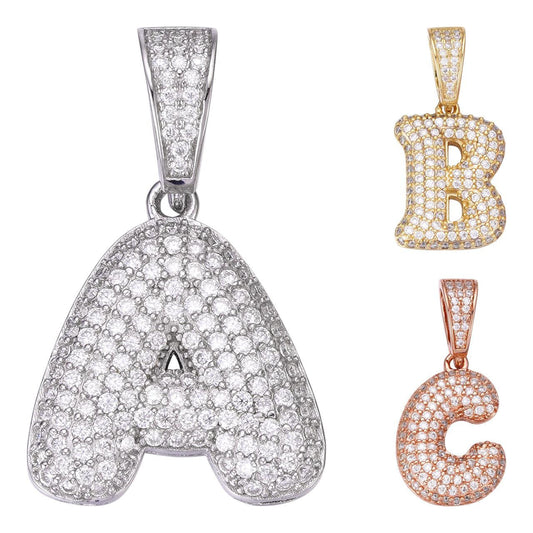 HarlemBling MOISSANITE A - Z Initials Bubble Letter Iced Out Pendant - 14k Yellow/Rose Gold Vermeil or 925 Silver - Small 1"