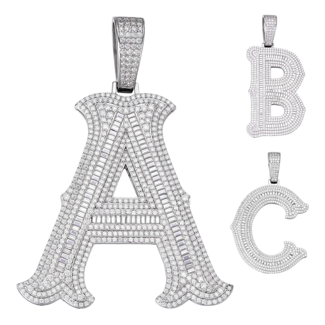 HarlemBling MOISSANITE A - Z Initials Gothic Letter Iced Out Pendant - 925 Silver - Large 2"