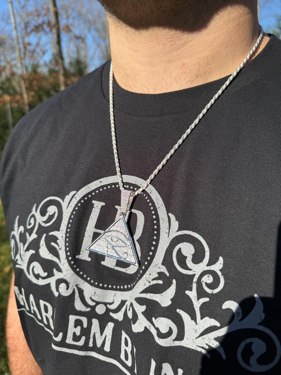 HarlemBling MOISSANITE All Seeing Illuminati Eye Masonic Pyramid Medallion Necklace Silver