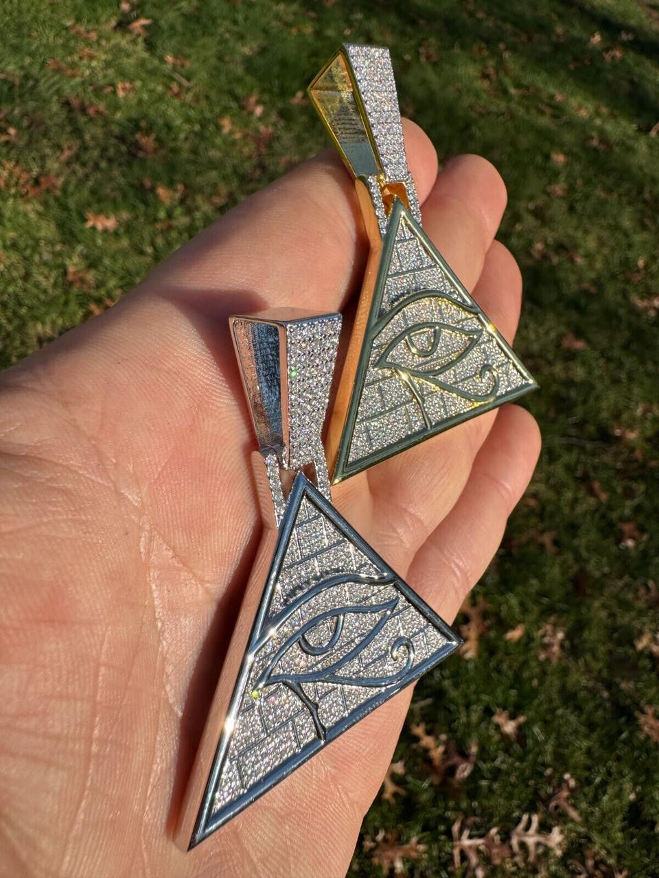 HarlemBling MOISSANITE All Seeing Illuminati Eye Masonic Pyramid Medallion Necklace Silver