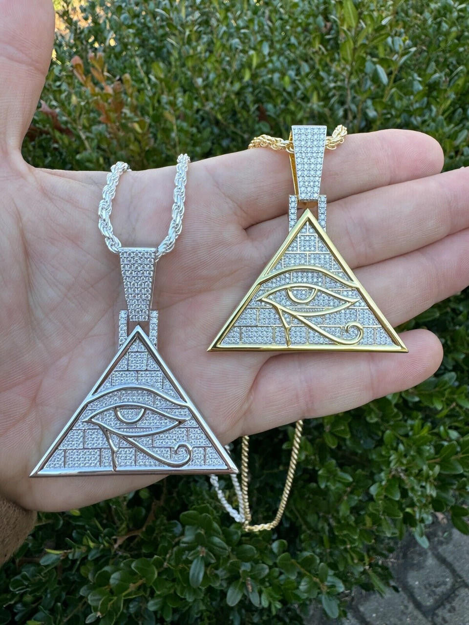 HarlemBling MOISSANITE All Seeing Illuminati Eye Masonic Pyramid Medallion Necklace Silver