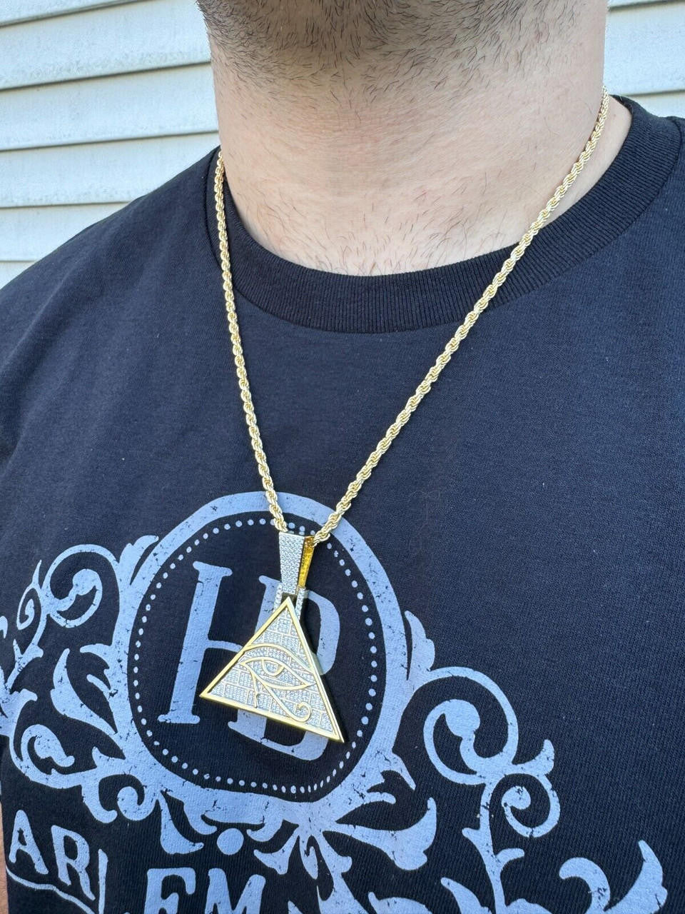 HarlemBling MOISSANITE All Seeing Illuminati Eye Masonic Pyramid Medallion Necklace Silver