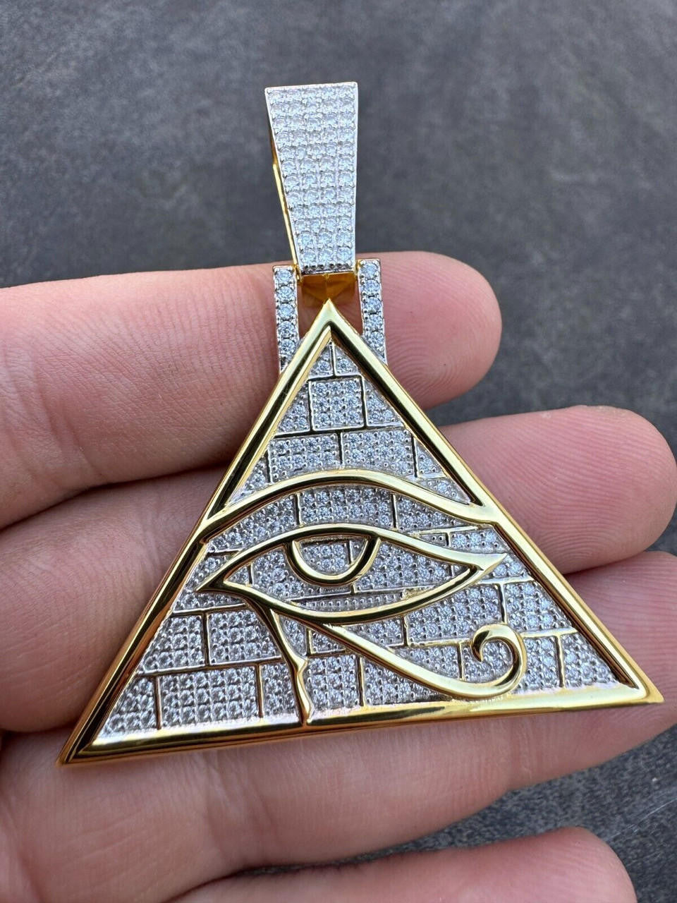 HarlemBling MOISSANITE All Seeing Illuminati Eye Masonic Pyramid Medallion Necklace Silver