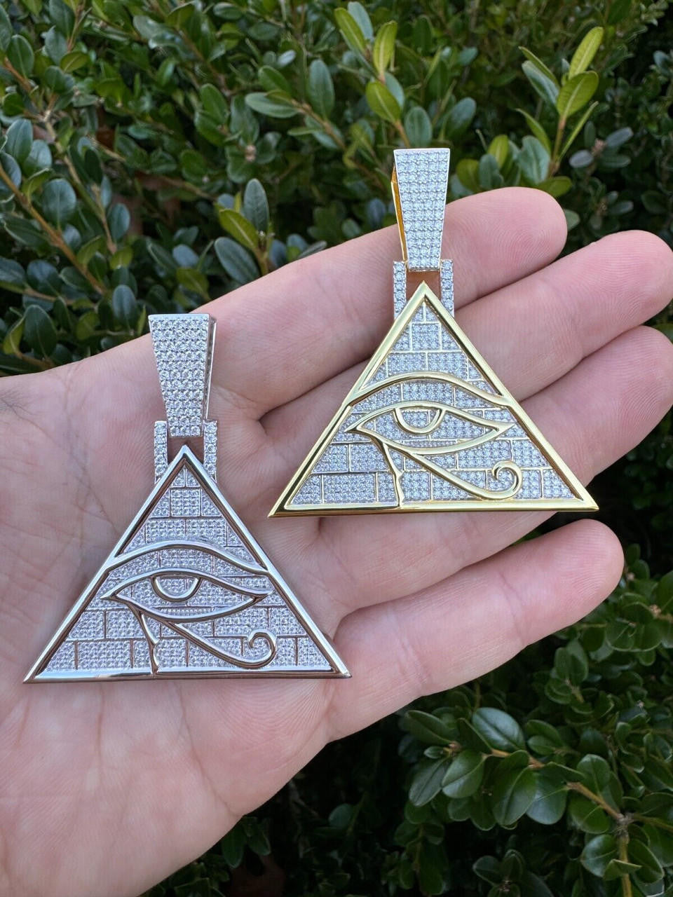 HarlemBling MOISSANITE All Seeing Illuminati Eye Masonic Pyramid Medallion Necklace Silver