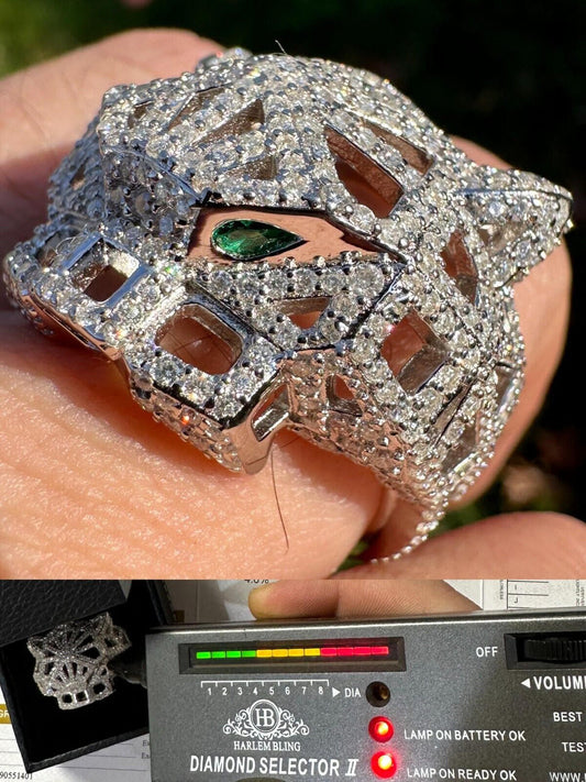 HarlemBling MOISSANITE & Emerald Geometric Panther Iced Hip Hop Ring Real Solid 925 Silver