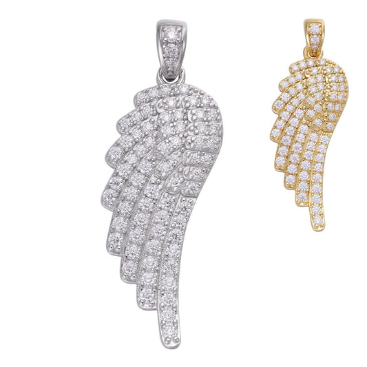 HarlemBling MOISSANITE Angel Wing  Iced Out Pendant - 14k Yellow Gold Vermeil or 925 Silver - Small 1.5"