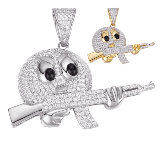 HarlemBling MOISSANITE Angry Emoji W. AK47 Gun Pendant - 14k Gold Vermeil Or 925 Silver - Small 1.5"