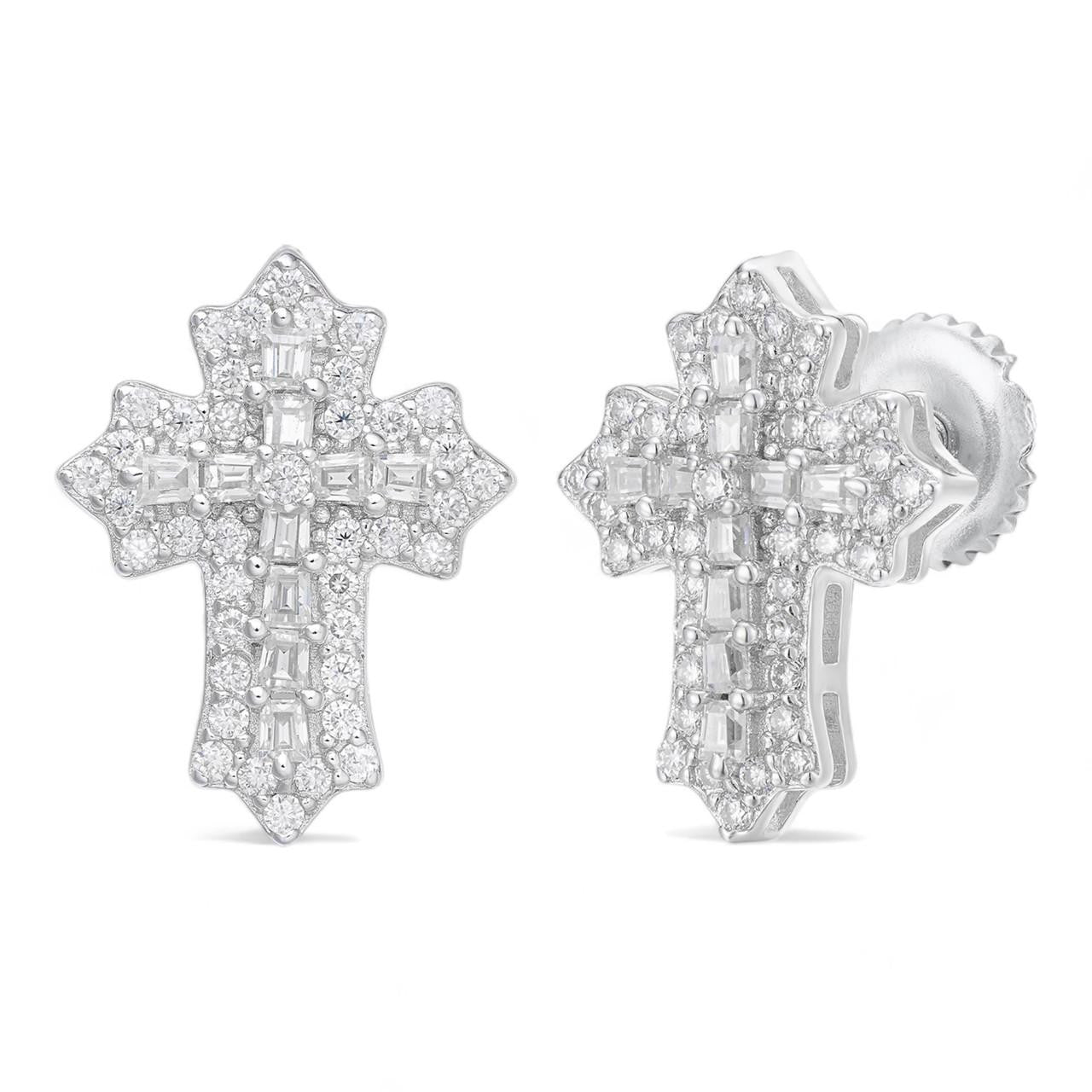 HarlemBling MOISSANITE Baguette Gothic Cross Iced Out Earrings - 925 Silver - 11x15mm