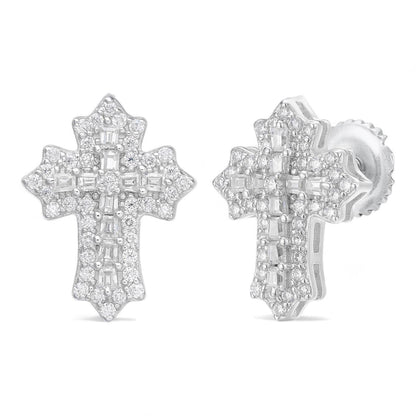 HarlemBling MOISSANITE Baguette Gothic Cross Iced Out Earrings - 925 Silver - 11x15mm