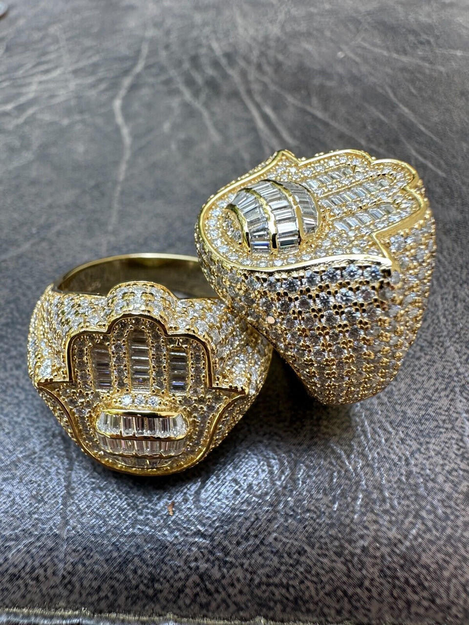 HarlemBling MOISSANITE Baguette Hamsa Ring Mens 14k Gold Plated Solid 925 Silver Iced HipHop