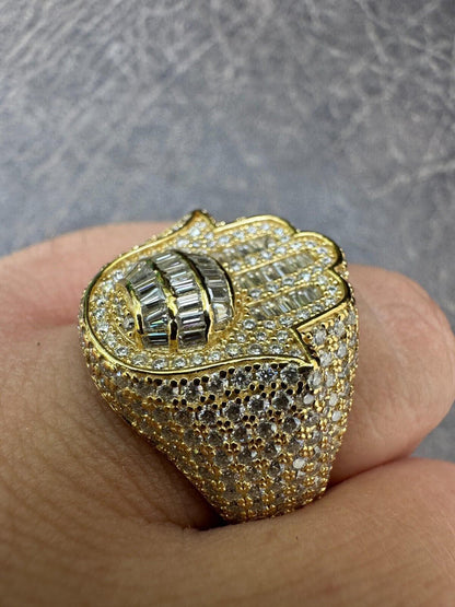 HarlemBling MOISSANITE Baguette Hamsa Ring Mens 14k Gold Plated Solid 925 Silver Iced HipHop