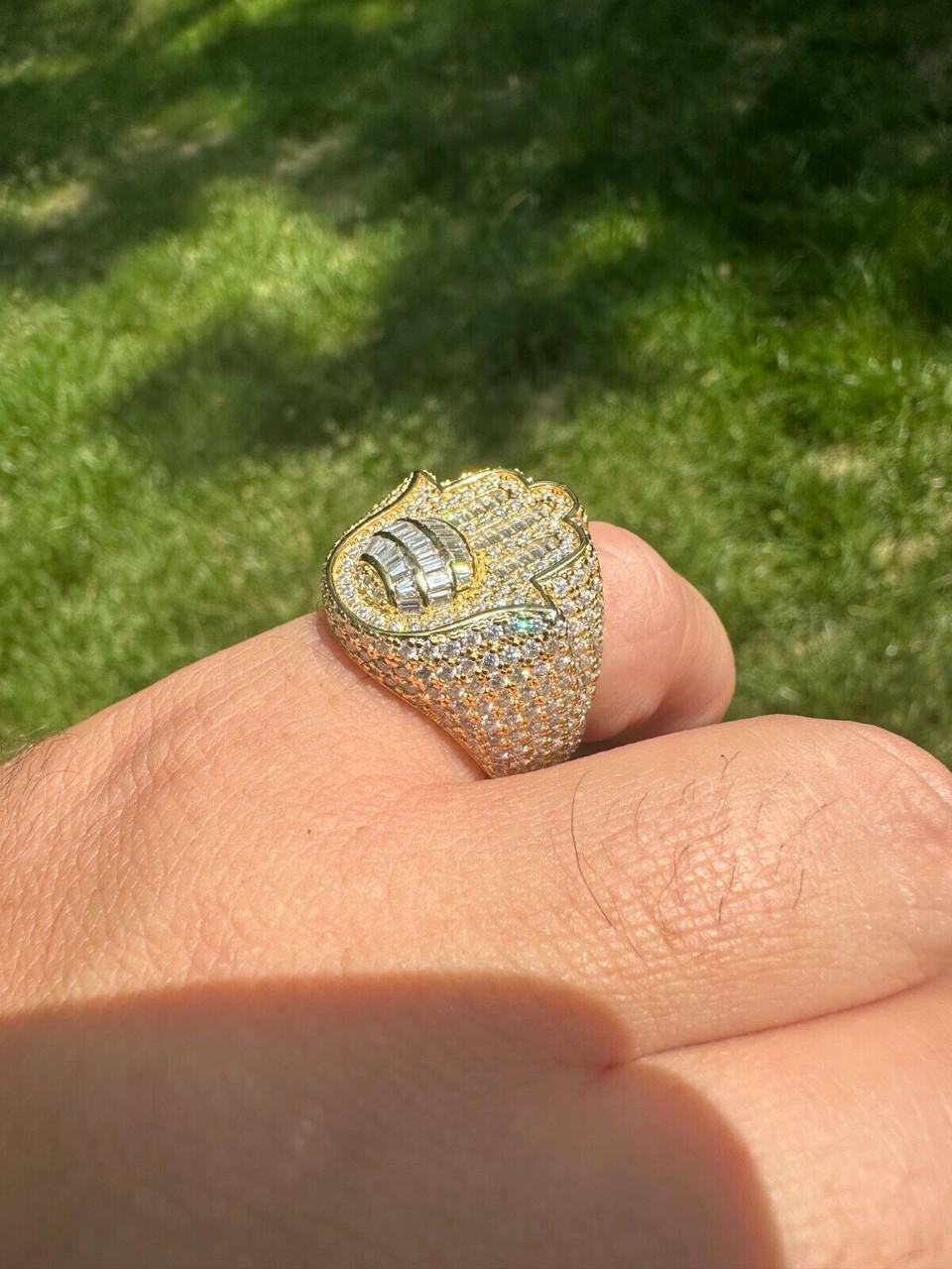 HarlemBling MOISSANITE Baguette Hamsa Ring Mens 14k Gold Plated Solid 925 Silver Iced HipHop