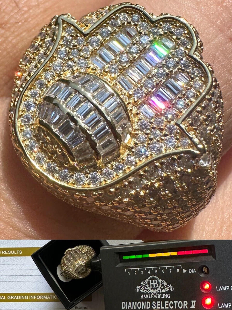 HarlemBling MOISSANITE Baguette Hamsa Ring Mens 14k Gold Plated Solid 925 Silver Iced HipHop