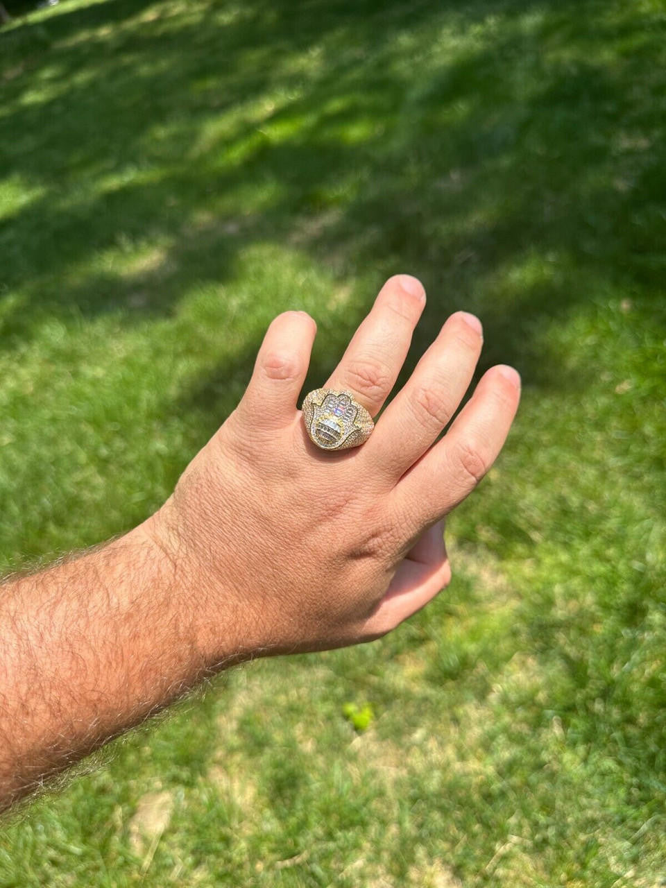 HarlemBling MOISSANITE Baguette Hamsa Ring Mens 14k Gold Plated Solid 925 Silver Iced HipHop