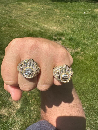 HarlemBling MOISSANITE Baguette Hamsa Ring Mens 14k Gold Plated Solid 925 Silver Iced HipHop