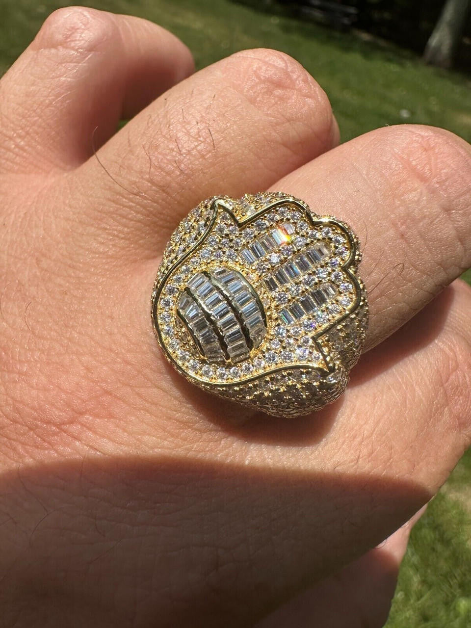 HarlemBling MOISSANITE Baguette Hamsa Ring Mens 14k Gold Plated Solid 925 Silver Iced HipHop