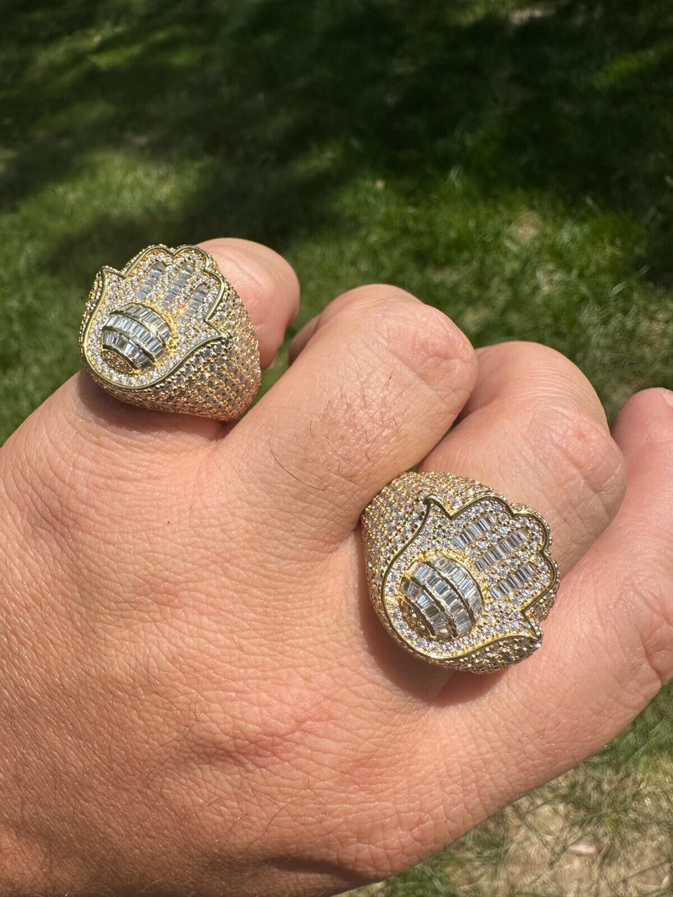 HarlemBling MOISSANITE Baguette Hamsa Ring Mens 14k Gold Plated Solid 925 Silver Iced HipHop