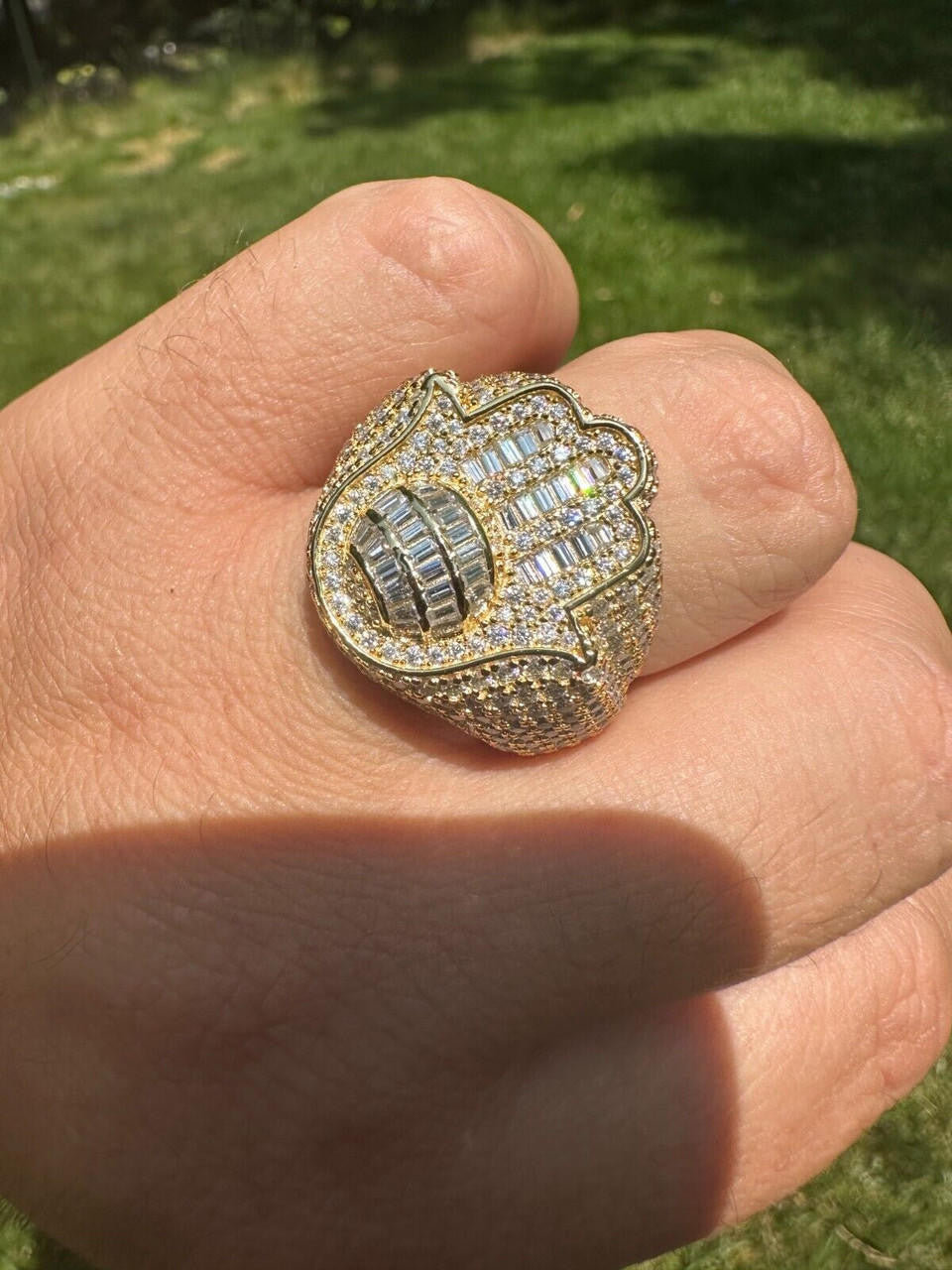 HarlemBling MOISSANITE Baguette Hamsa Ring Mens 14k Gold Plated Solid 925 Silver Iced HipHop