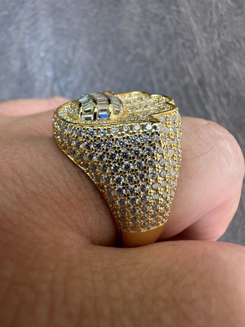 HarlemBling MOISSANITE Baguette Hamsa Ring Mens 14k Gold Plated Solid 925 Silver Iced HipHop