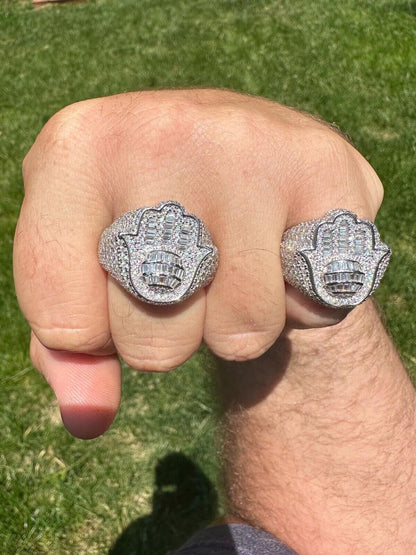 HarlemBling MOISSANITE Baguette Hamsa Ring Men's Solid 925 Silver Passes Tester Iced Hip Hop