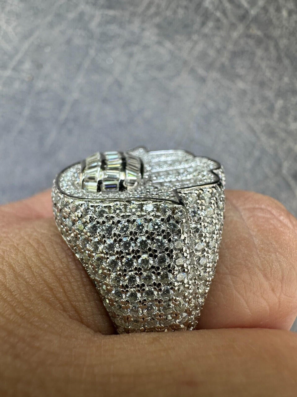 HarlemBling MOISSANITE Baguette Hamsa Ring Men's Solid 925 Silver Passes Tester Iced Hip Hop