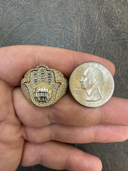 HarlemBling MOISSANITE Baguette Hamsa Ring Men's Solid 925 Silver Passes Tester Iced Hip Hop