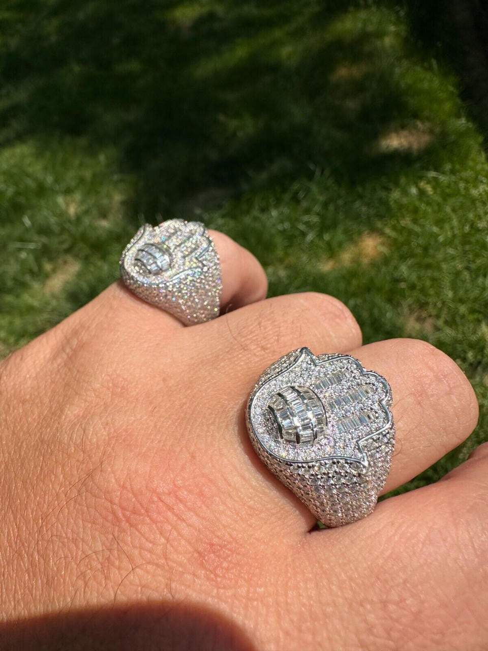 HarlemBling MOISSANITE Baguette Hamsa Ring Men's Solid 925 Silver Passes Tester Iced Hip Hop