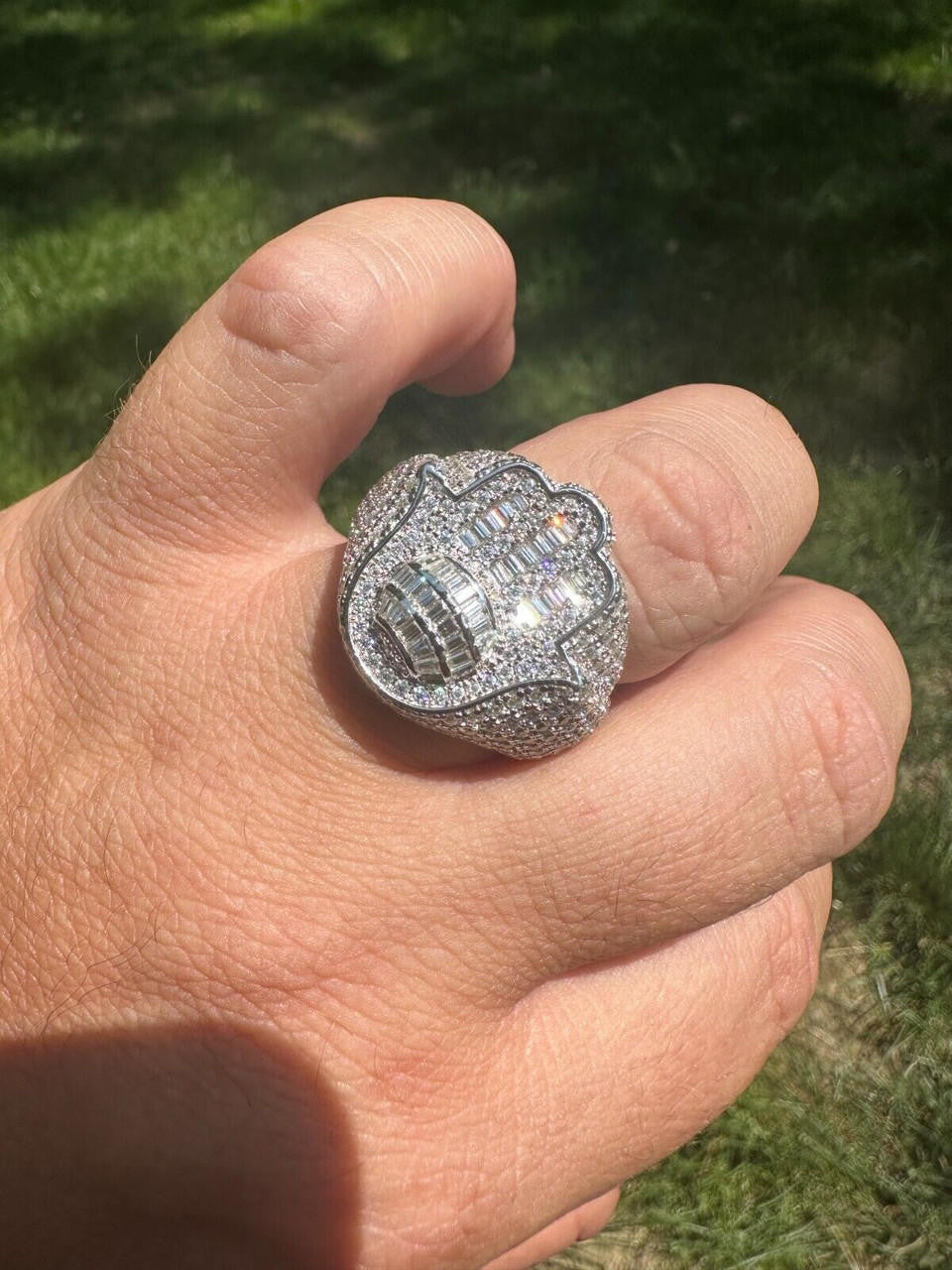 HarlemBling MOISSANITE Baguette Hamsa Ring Men's Solid 925 Silver Passes Tester Iced Hip Hop