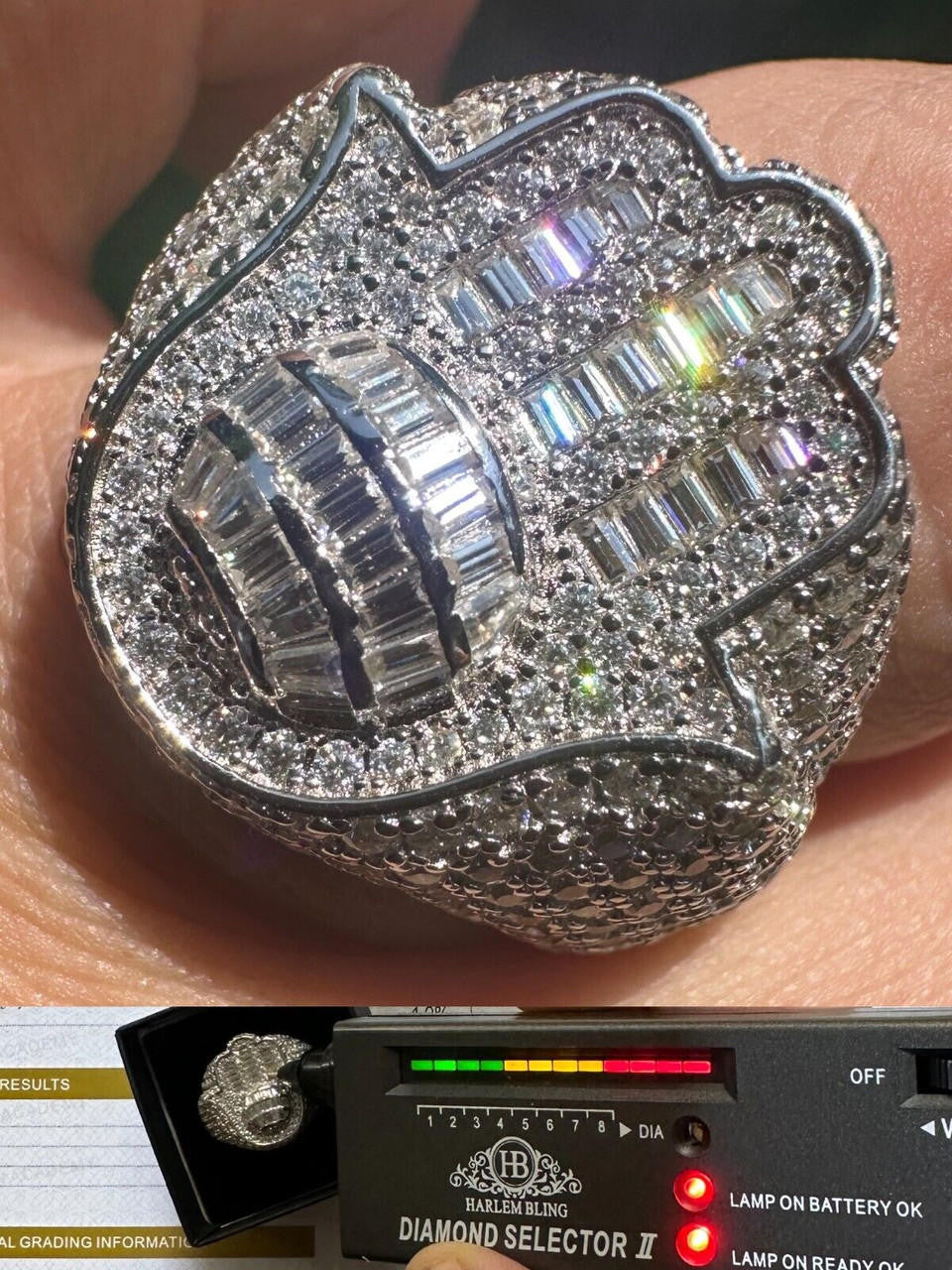 HarlemBling MOISSANITE Baguette Hamsa Ring Men's Solid 925 Silver Passes Tester Iced Hip Hop