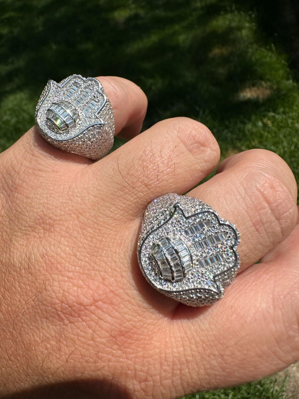 HarlemBling MOISSANITE Baguette Hamsa Ring Men's Solid 925 Silver Passes Tester Iced Hip Hop