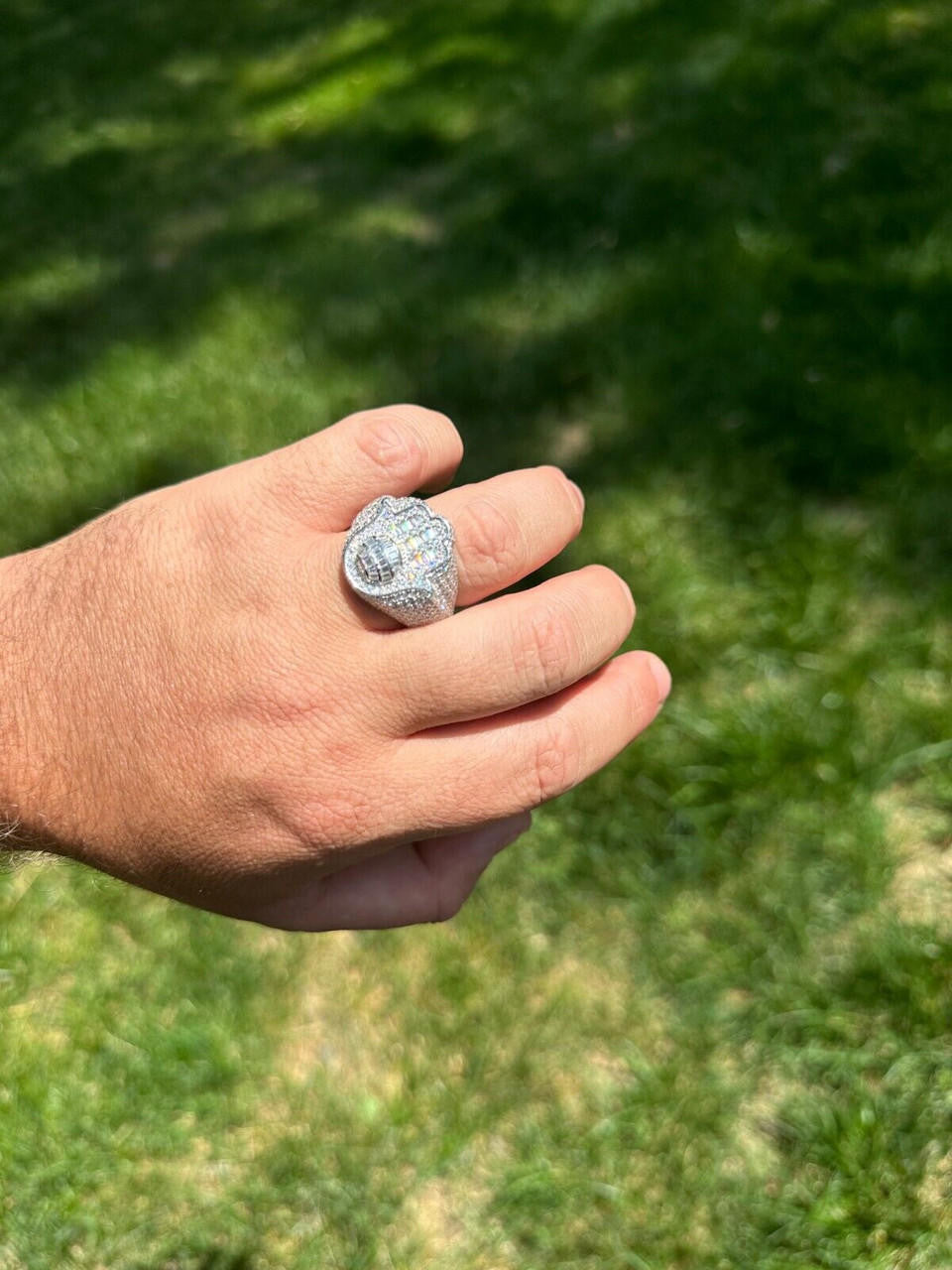 HarlemBling MOISSANITE Baguette Hamsa Ring Men's Solid 925 Silver Passes Tester Iced Hip Hop