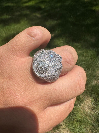 HarlemBling MOISSANITE Baguette Hamsa Ring Men's Solid 925 Silver Passes Tester Iced Hip Hop