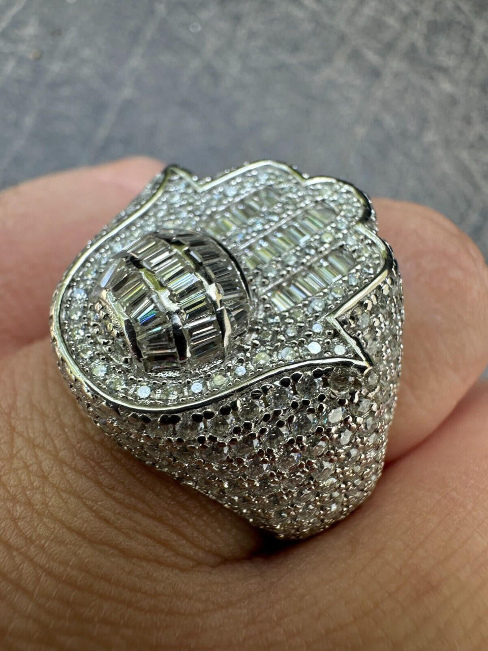 HarlemBling MOISSANITE Baguette Hamsa Ring Men's Solid 925 Silver Passes Tester Iced Hip Hop