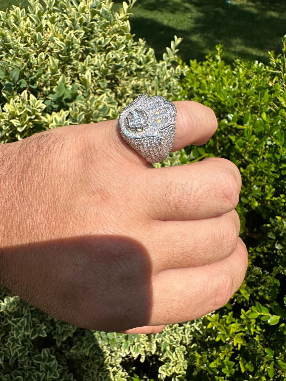 HarlemBling MOISSANITE Baguette Hamsa Ring Men's Solid 925 Silver Passes Tester Iced Hip Hop