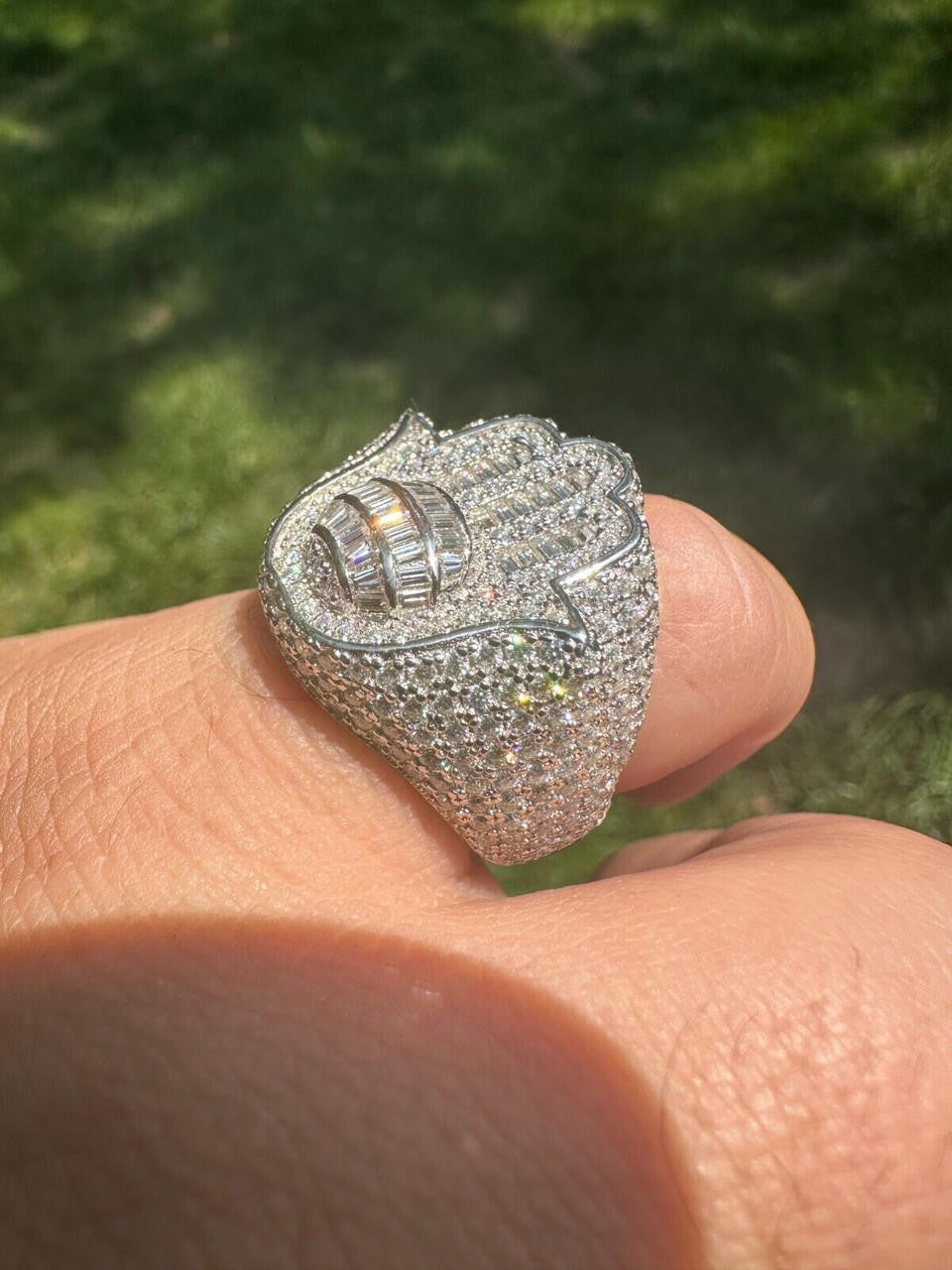 HarlemBling MOISSANITE Baguette Hamsa Ring Men's Solid 925 Silver Passes Tester Iced Hip Hop