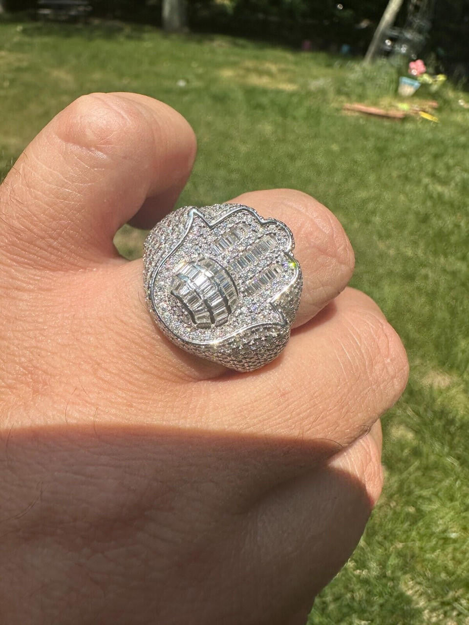 HarlemBling MOISSANITE Baguette Hamsa Ring Men's Solid 925 Silver Passes Tester Iced Hip Hop