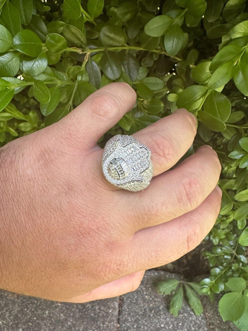 HarlemBling MOISSANITE Baguette Hamsa Ring Men's Solid 925 Silver Passes Tester Iced Hip Hop