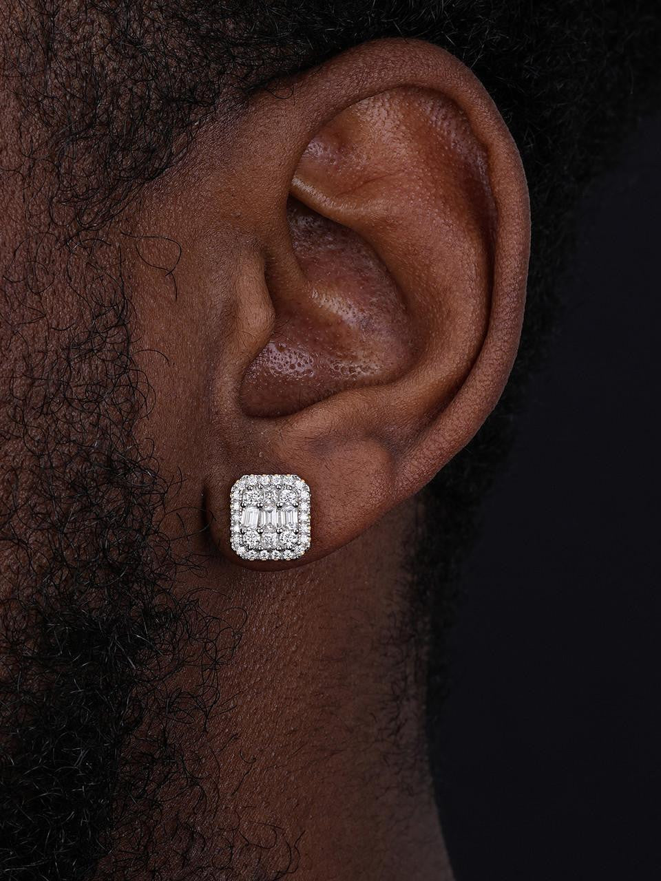 Men s Moissanite Iced Silver Baguette Hip Hop Earrings Studs Pass