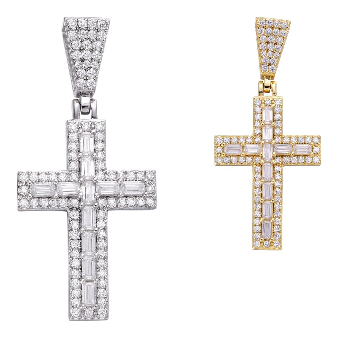 HarlemBling MOISSANITE Baguette Tennis Iced Out Cross Pendant - 14k Gold Vermeil Or 925 Silver - Medium 2"