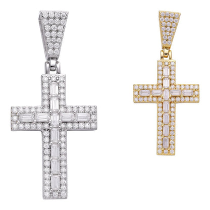 HarlemBling MOISSANITE Baguette Tennis Iced Out Cross Pendant - 14k Gold Vermeil Or 925 Silver - Medium 2"
