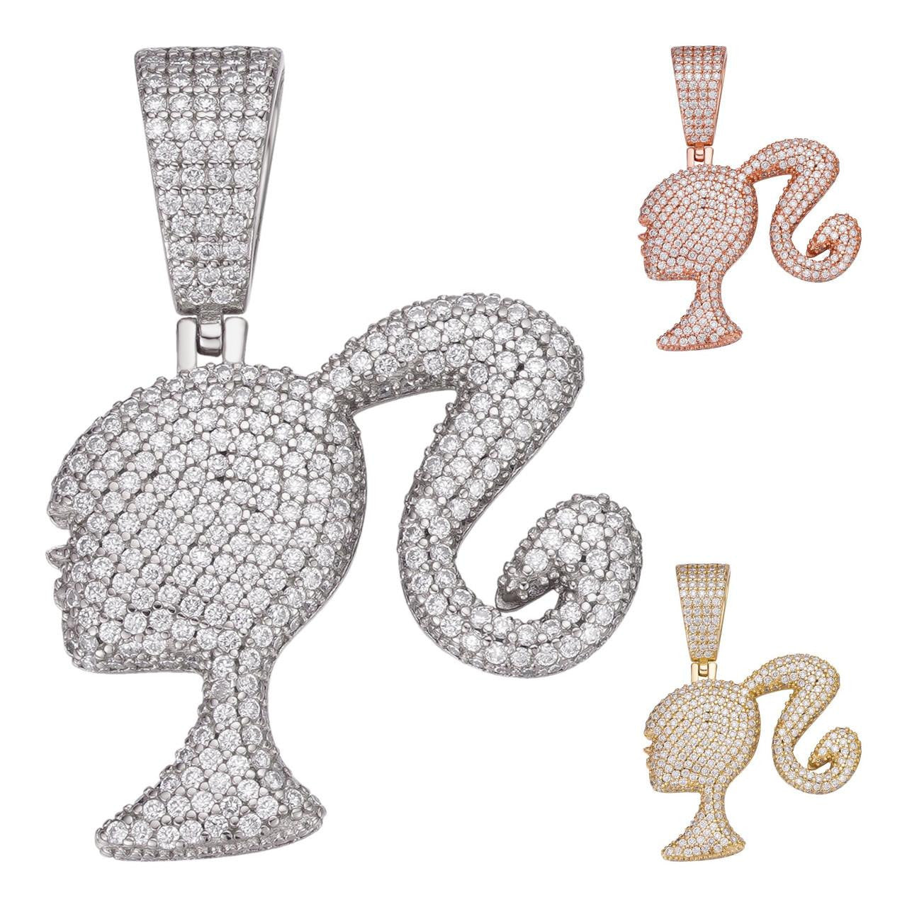 HarlemBling MOISSANITE Barbie Doll Iced Out Pendant - 14k Yellow/Rose Gold Vermeil or 925 Silver - Small 1.25"