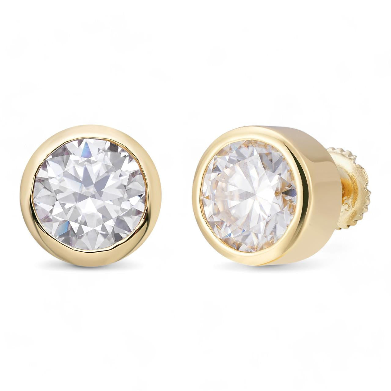 HarlemBling MOISSANITE Bezel Set Solitaire Stud Earrings - 14k Gold Vermeil 925 Silver - 6.5mm-10mm - 2-8ct