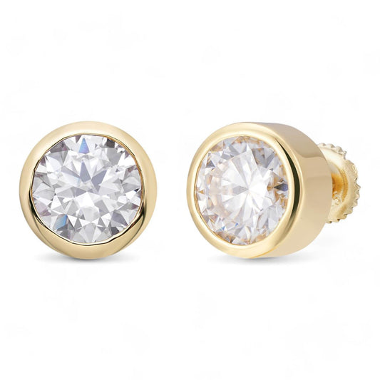 HarlemBling MOISSANITE Bezel Set Solitaire Stud Earrings - 14k Gold Vermeil 925 Silver - 6.5mm-10mm - 2-8ct