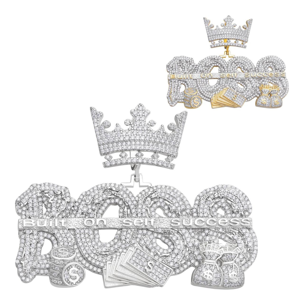 HarlemBling MOISSANITE "Built On Self Success" Iced Out BOSS Pendant - 14k Gold Vermeil or 925 Silver - Large 2.5"