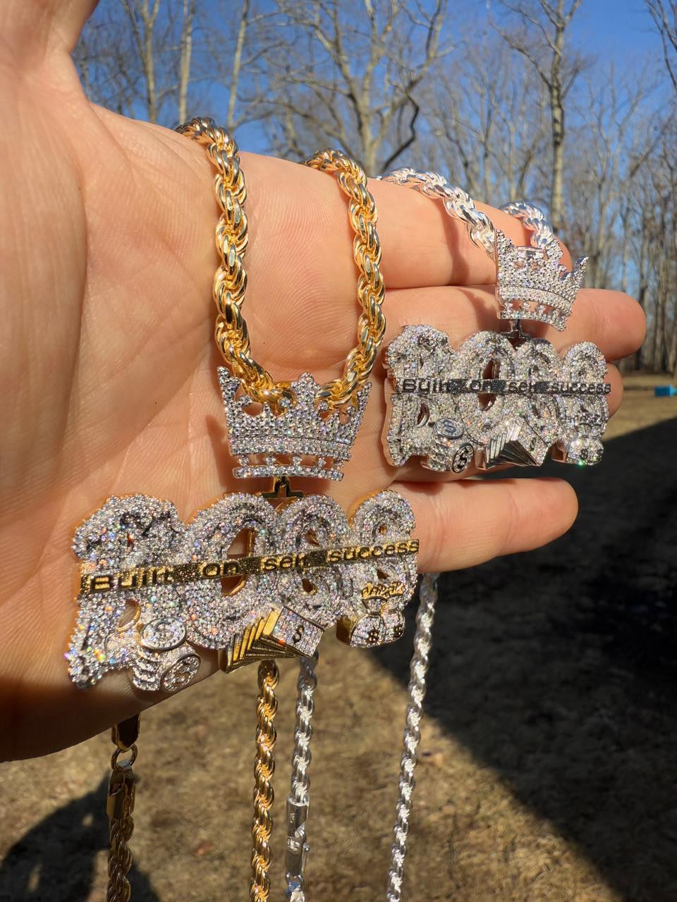 HarlemBling MOISSANITE "Built On Self Success" Iced Out BOSS Pendant - 14k Gold Vermeil or 925 Silver - Large 2.5"