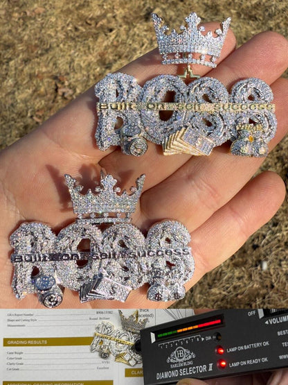 HarlemBling MOISSANITE "Built On Self Success" Iced Out BOSS Pendant - 14k Gold Vermeil or 925 Silver - Large 2.5"