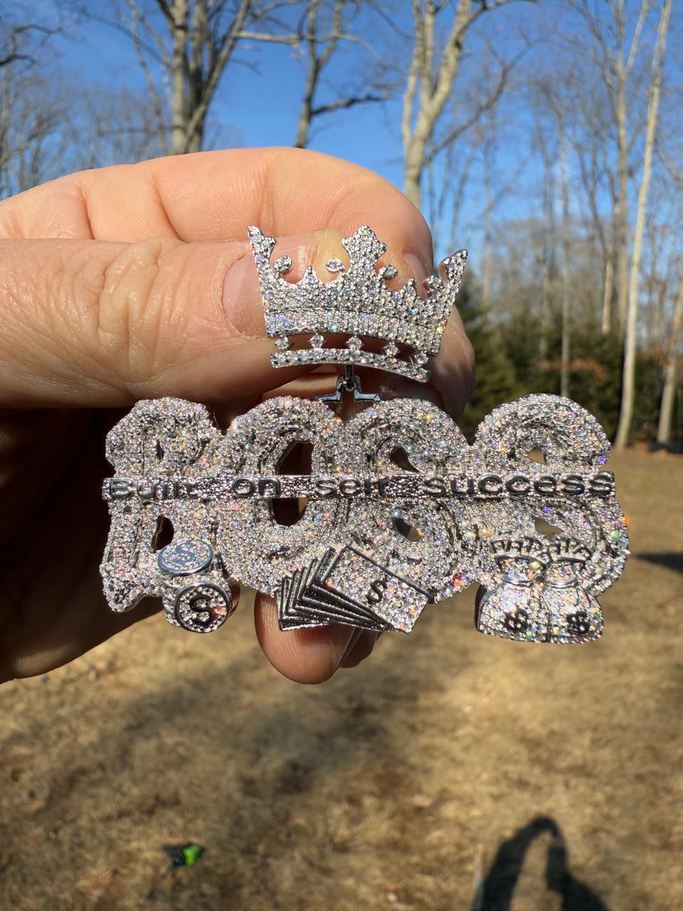 HarlemBling MOISSANITE "Built On Self Success" Iced Out BOSS Pendant - 14k Gold Vermeil or 925 Silver - Large 2.5"