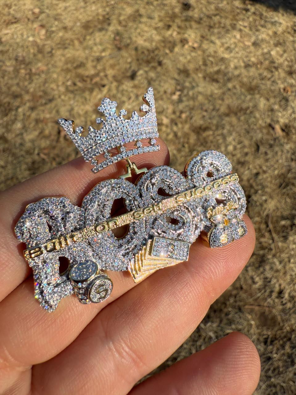 HarlemBling MOISSANITE "Built On Self Success" Iced Out BOSS Pendant - 14k Gold Vermeil or 925 Silver - Large 2.5"